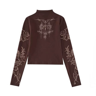 Long sleeve high neck cross print contrast top