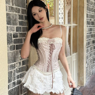 Lace hem bowknot bustier lace up cami top