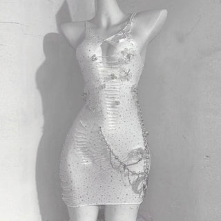 V neck beaded bowknot hollow out metal chain cami cut out mini dress