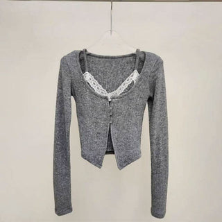 U neck long sleeve lace hem 2 piece cami top