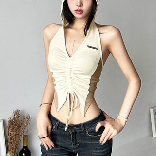 Hoodie v neck ruched drawstring metal tag top