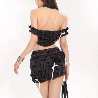 Letter print bowknot ruffle ruched contrast mini skirt