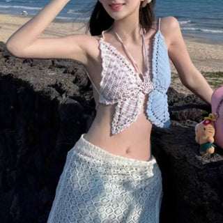 Knitted butterfly halter hollow out cami cut out top