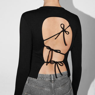 Long sleeve crewneck self tie hollow out cut out top