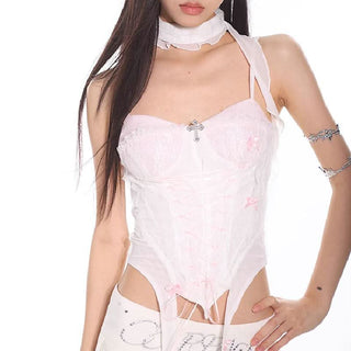 Lace ruffle cross applique lace up corset cami top