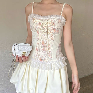 Lace hem ruffle flower print patchwork cami mini dress