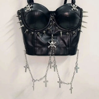PU leather rivet skull metal chain cami top