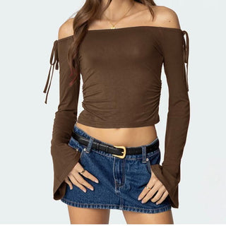Off shoulder long sleeve ruched self tie top
