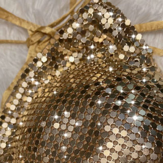 V neck halter self tie tassels glitter top