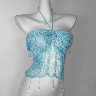 Halter knotted crystal pendant shrug hollow out ruched pant set