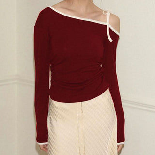 One shoulder long sleeve self tie top