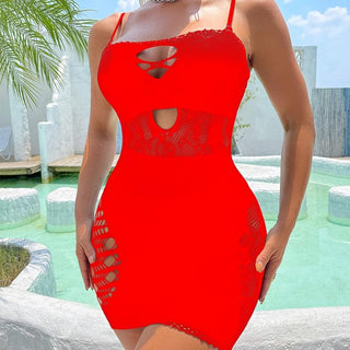Net hollow out solid tube cut out mini dress