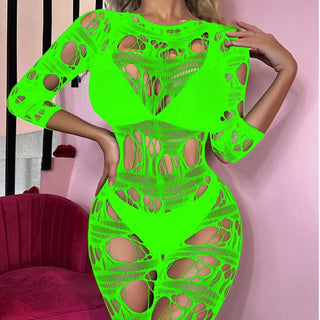 Long sleeve net hollow out padded bodystocking