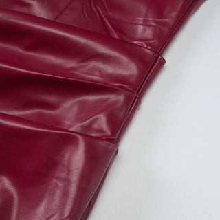 Slit zip-up PU leather pleated tube midi dress