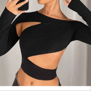 One shoulder long sleeve hollow out cut out top