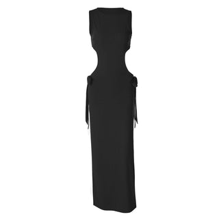 Crewneck sleeveless bowknot hollow out slit cut out maxi dress