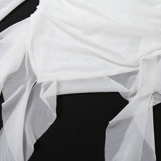 Long sleeve square neck irregular ruched mesh top