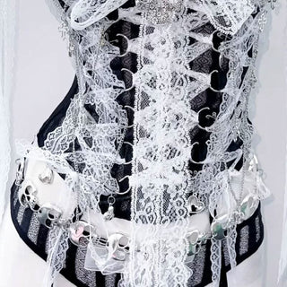 Skull applique lace hem self tie v neck lace up top