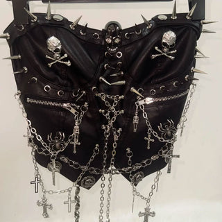 Zip-up rivet metal chain skull zip-up tube top