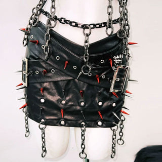 V neck o ring rivet PU leather buckle cami mini skirt set