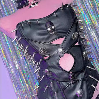 Hollow out PU leather skull applique tube cut out top