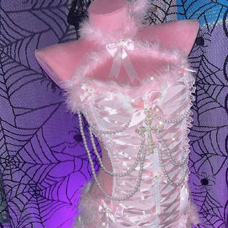 Halter fluffy beaded bowknot "Hello Kitty" pattern backless 2 piece top