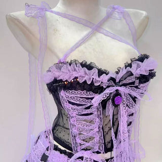 Cross front lace hem bowknot self tie mini skirt set