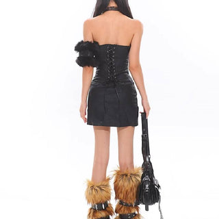 Ruffle slit PU leather lace up leopard print mini dress