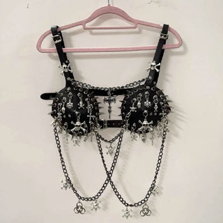 Metal chain rivet skull applique buckle cami top