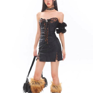 Ruffle slit PU leather lace up leopard print mini dress