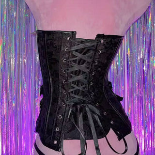 Metal chain skull applique print buckle lace up tube top