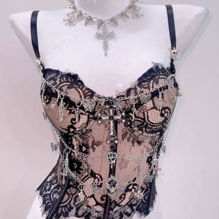 Sweetheart neck lace hem metal chain cami top