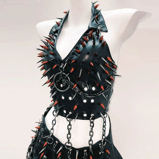 PU leather halter rivet o ring pleated mini skirt set