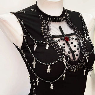 Crewneck beaded flower applique mesh top