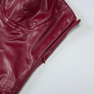 Slit zip-up PU leather pleated tube midi dress