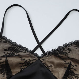 Lace hem v neck zip-up cross back cami maxi dress