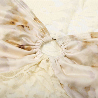 Long sleeve lace ruched print o ring hollow out cut out top