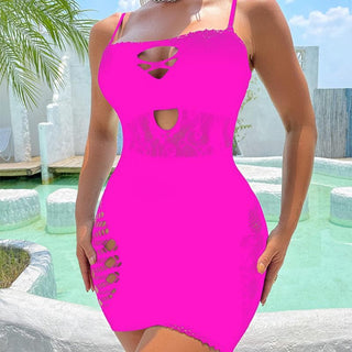 Net hollow out solid tube cut out mini dress