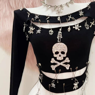 Long sleeve hollow out skull beaded cut out top
