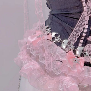 Ruffle bowknot v neck skull applique self tie cami top