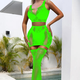 U neck fishnet hollow out tank mini skirt set