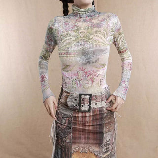 High neck long sleeve print ruffle contrast top