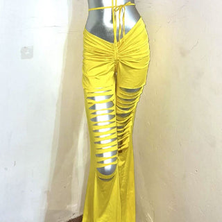 Halter bowknot ruched contrast hollow out self tie low rise pant set