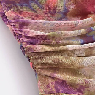 Halter self tie ruched print mesh v neck mini dress