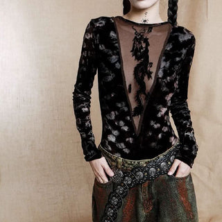 Long sleeve deep V neck beaded mesh bodysuit