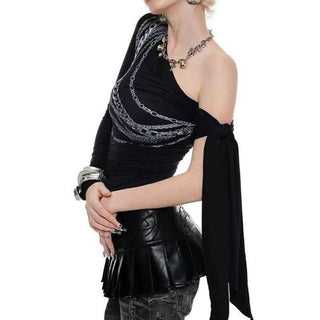 Irregular long sleeve chain print one shoulder top