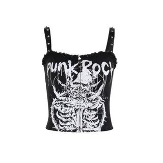 Zip-up letter print rivet applique raw hem cami top