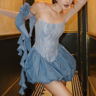 Ruched print backless tube mini dress