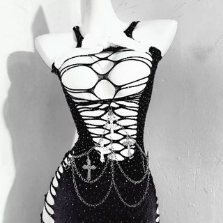 Hollow out beaded metal chain cami cut out mini dress