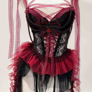 Sweetheart neck bowknot lace hem beaded mesh mini dress